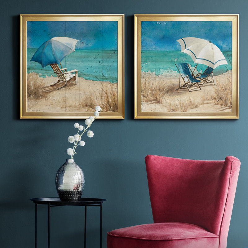 «Retreat to the Beach I», peinture sur toile 2 pièces, Cadre doré, H 17,5 po x l 35 po x P 1,5 po