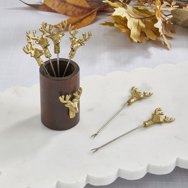 Choix de cocktail Gold Deer avec support en bois de manguier (ensemble de 6) - Choix de cerfs décoratifs pour cocktails, apéritifs et réceptions