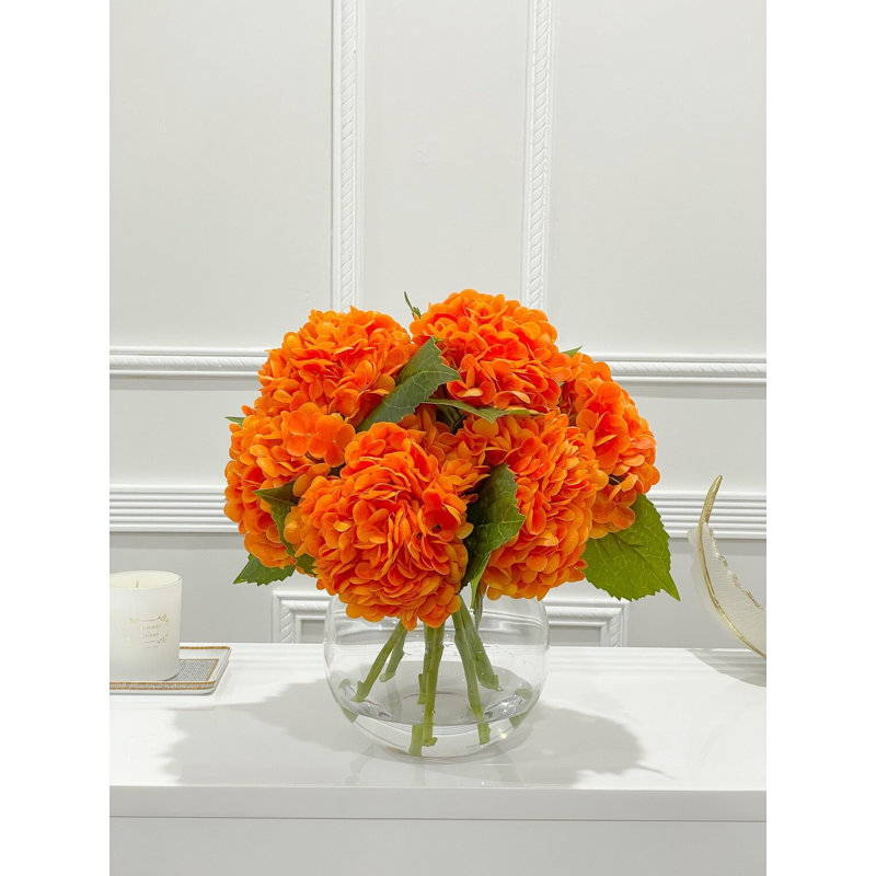 Large Fall Orange Hydrangeas In Glass Vase - Faux Floral Arrangement For Home Decor
