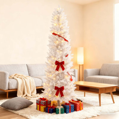 6 ft Pencil Christmas Tree with Lights and 571 Branch Tips, White