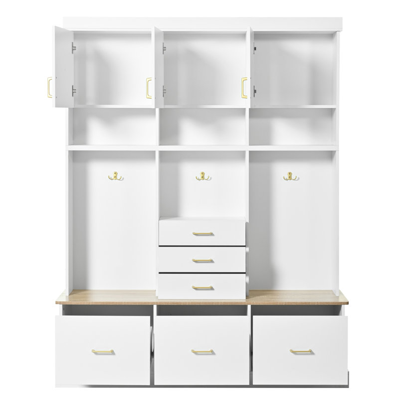 75'' H Entryway Hall Tree With Bench And Storage, 5-In-1 Modern Hall Tree With Coat Rack, 6 Drawers, 3 Cabinets And 3-Tier Top Storage For Hallway, Entryway, Living Room, Mudroom