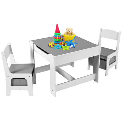Kids Table and Chair Set, 4 in 1 Wooden Children Activity Table w/Storage, Reversible Deskboard, Blackboard, Detachable Tabletop for Toddlers Art Crafts, Playroom, Drawing, Reading Natural(grey)