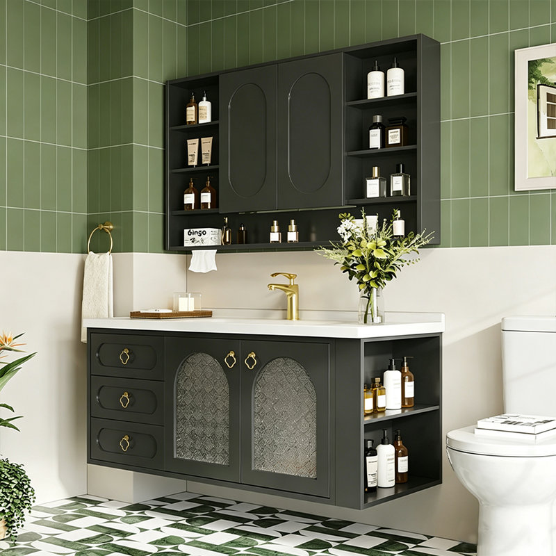 Meuble-lavabo mural moderne et minimaliste en bois d'hévéa avec lavabo en céramique intégré et armoire à pharmacie intelligente