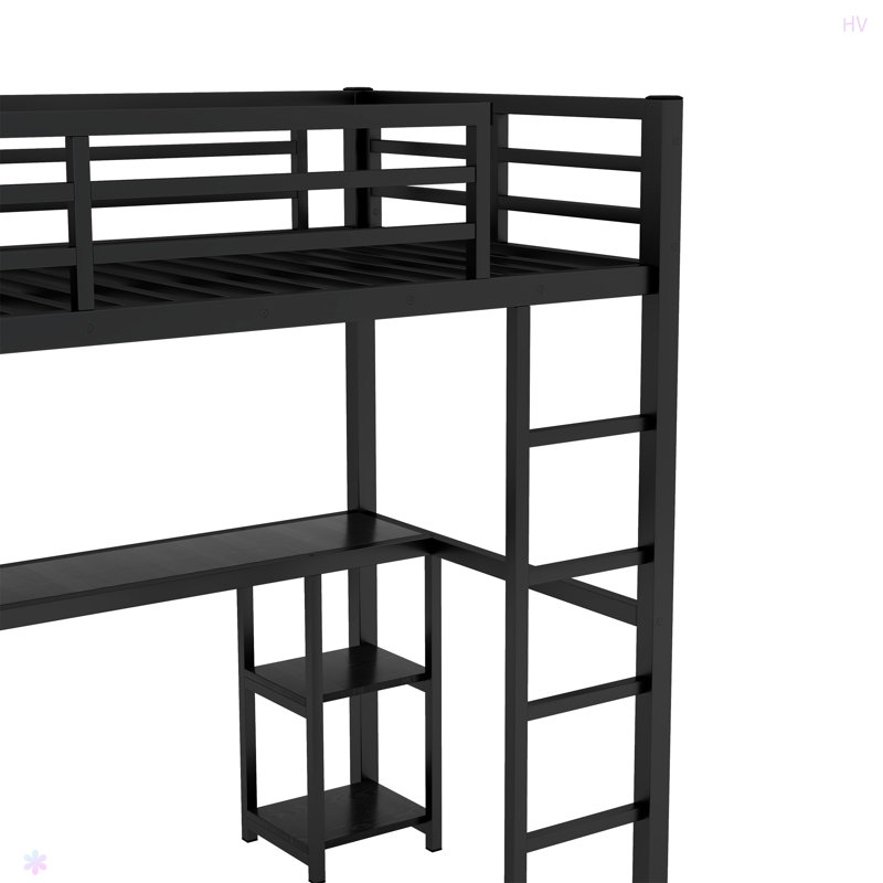 Structure de lit mezzanine avec garde-robe intégrée, lit mezzanine en métal avec bureau et tablettes de rangement, Simple