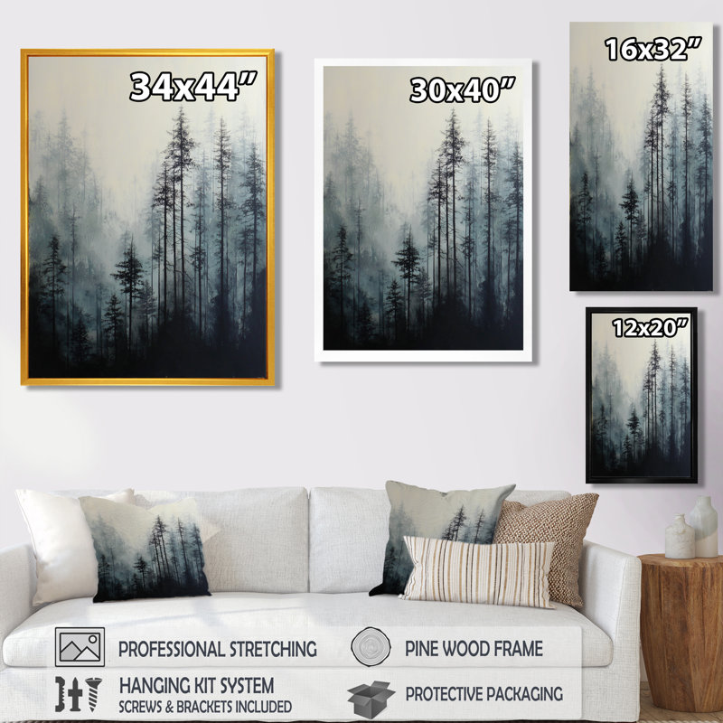 Forêt d'hiver grise et noire - Tableau encadré, H 20 po x l 12 po, Silver Picture Framed