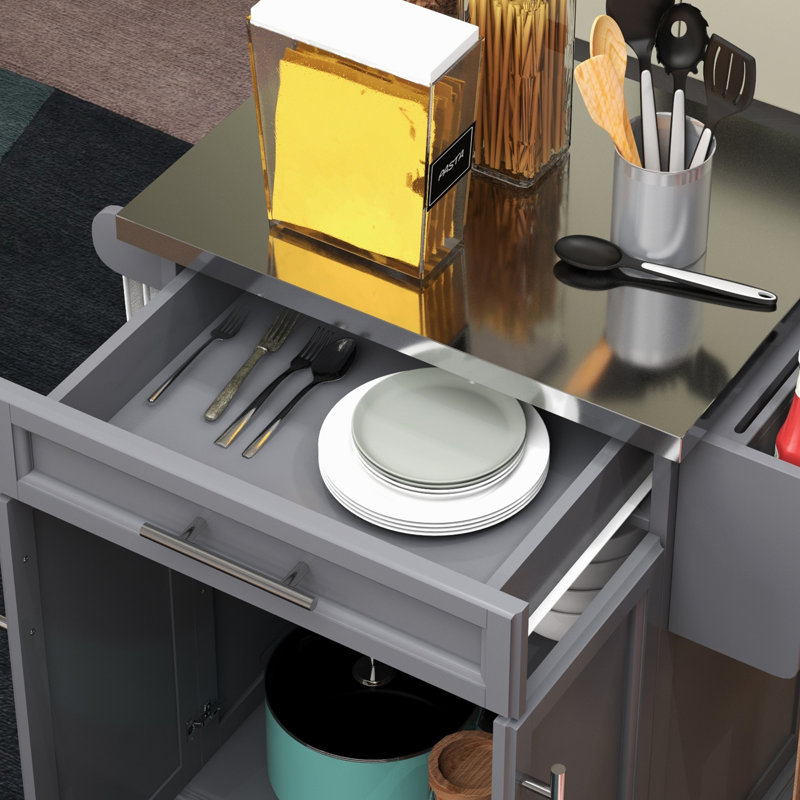 Chariot de rangement pour îlot de cuisine avec comptoir en acier inoxydable, tiroir, porte-serviettes, tablette à épices dans un chariot roulant gris, comptoir, support