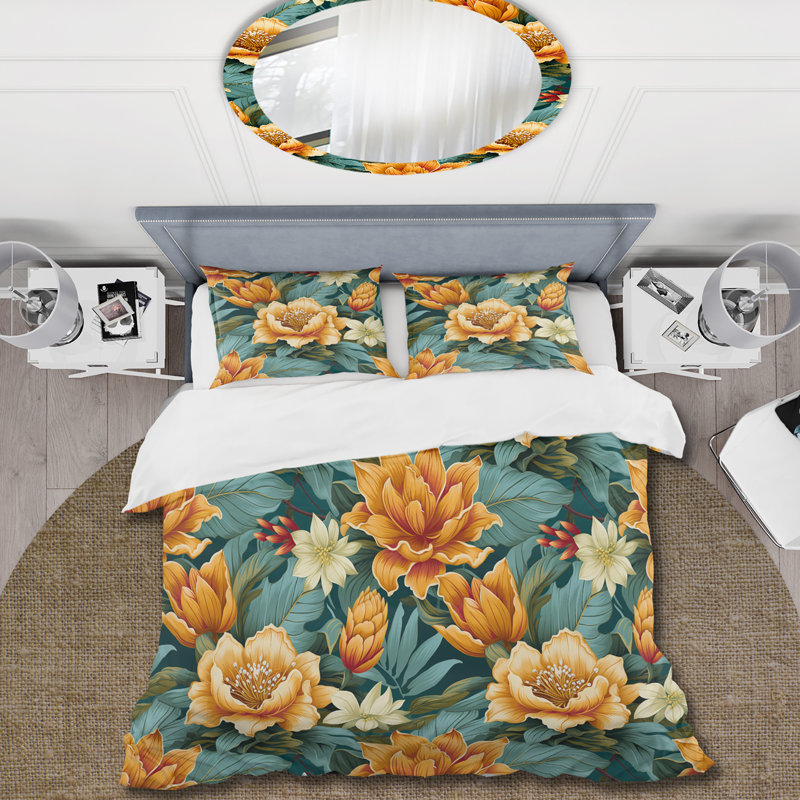 Pineapple Serenity Tropical Pattern II Floral Duvet Cover, King Duvet Cover + 2 King Shams