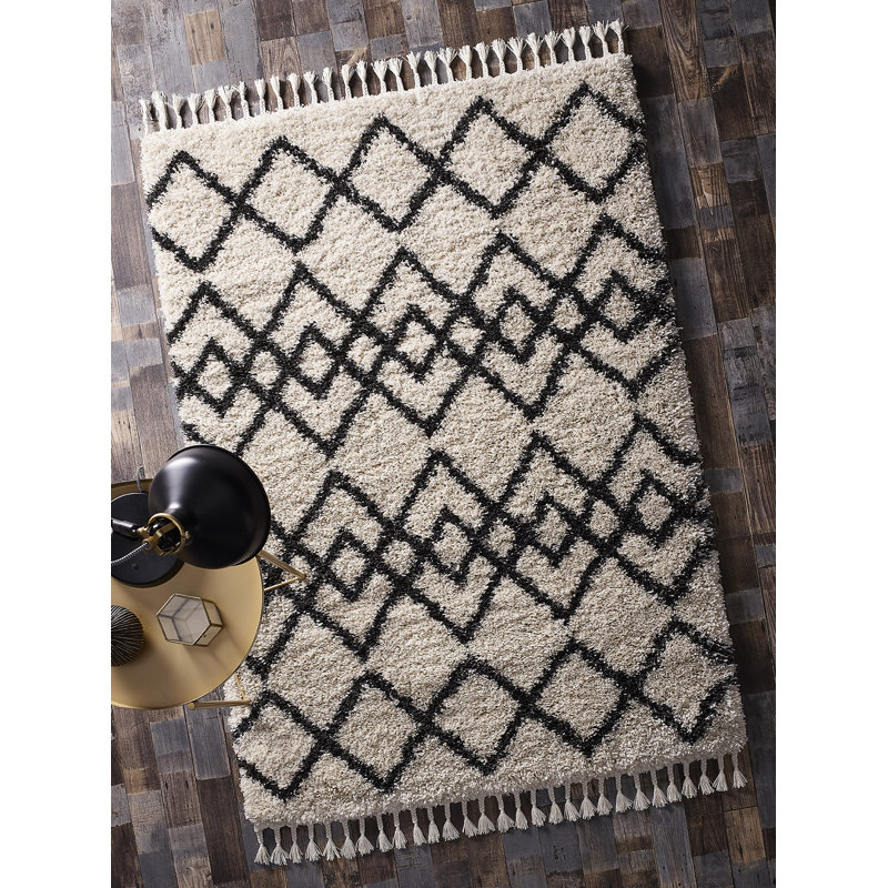 Peugeot Geometric Shaggy Ivory/Charcoal Rug, Rectangle 120 x 170cm