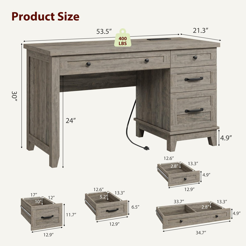 54.5in Wooden Executive Desk with Drawers & Charging Station – Farmhouse Office Computer Table with File Cabinet Storage for Study, Home Office (Rustic Gray)
