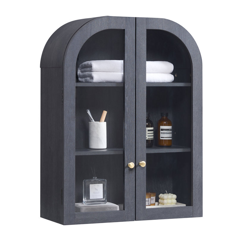 Wood Arch Wall Mounted Bathroom Cabinet, Antique Brass