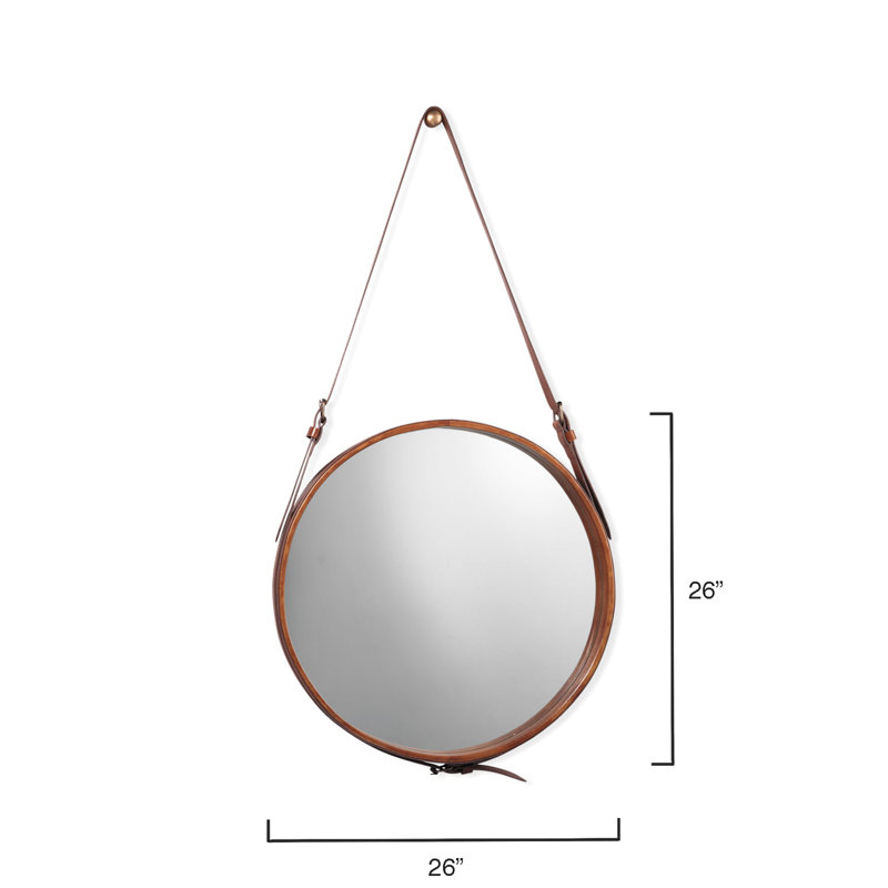 Leather Strap Hanging Wood Wall Mirror, 26" x 26"