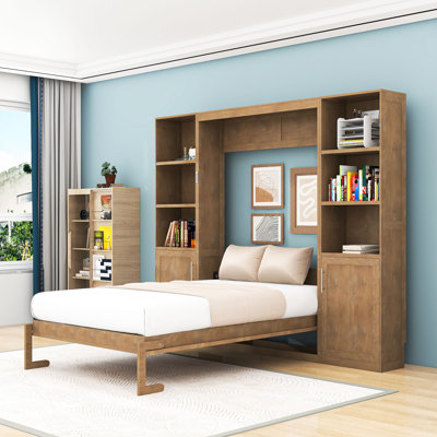 Grand lit escamotable en bois avec tablettes de rangement multifonctionnelles