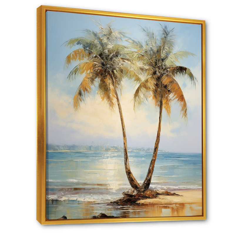 «Bronze Beach Sunny Palms Embrace», reproduction sur toile, Cadre flottant doré, H 20 po x l 12 po x P 1 po