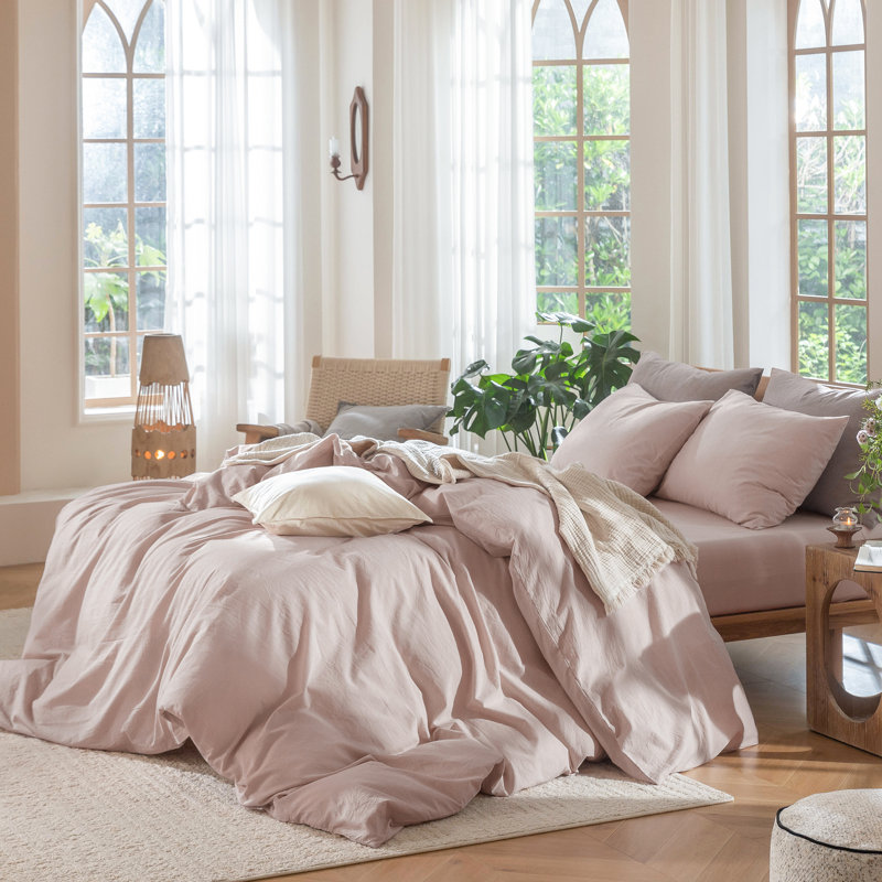 MooMee Lightweight Duvet Cover Set with Zipper Closure 8 Ties 100% Washed Cotton Linen Like Textured Soft Breathable All-Season