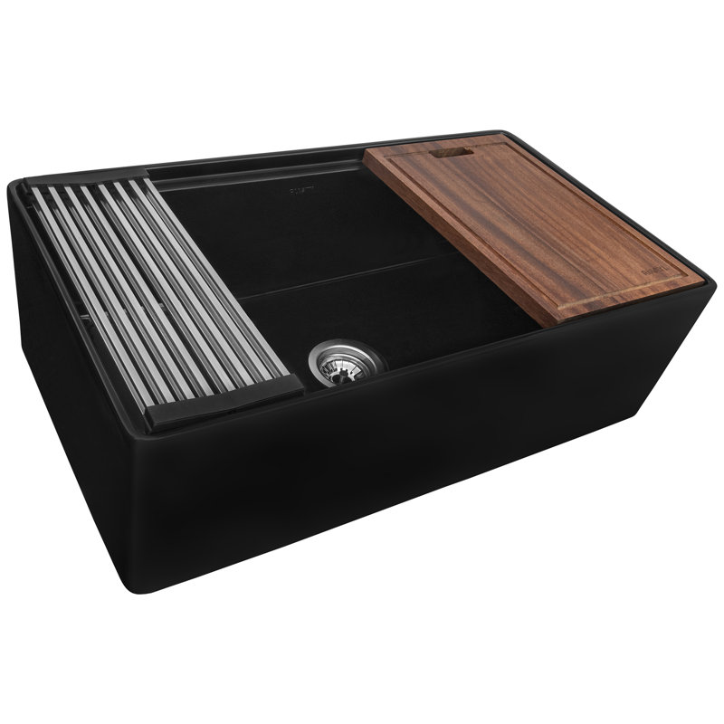 33'' L Double Bowl Fireclay Kitchen Sink, Black