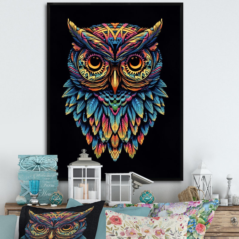 Portrait d'un hibou psychédélique sur fond noir I - impression, H 40 po x l 30 po x P 1,5 po, Cadre flottant noir
