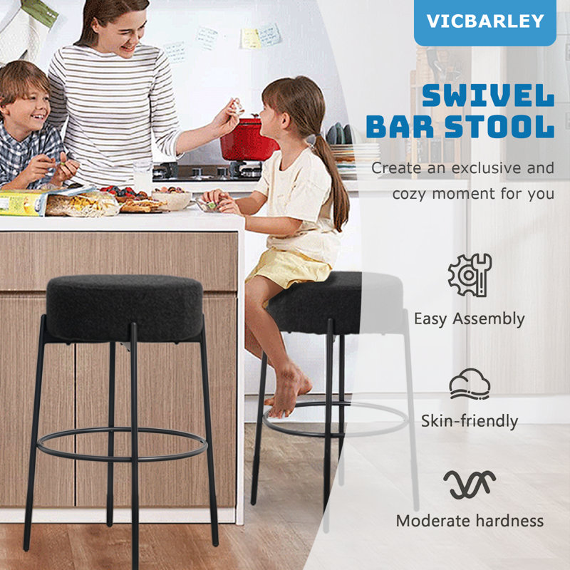 Modern Bar Stools Set of 2 with Round Soft Padded Boucle Backless Seat and Metal Base,, Black