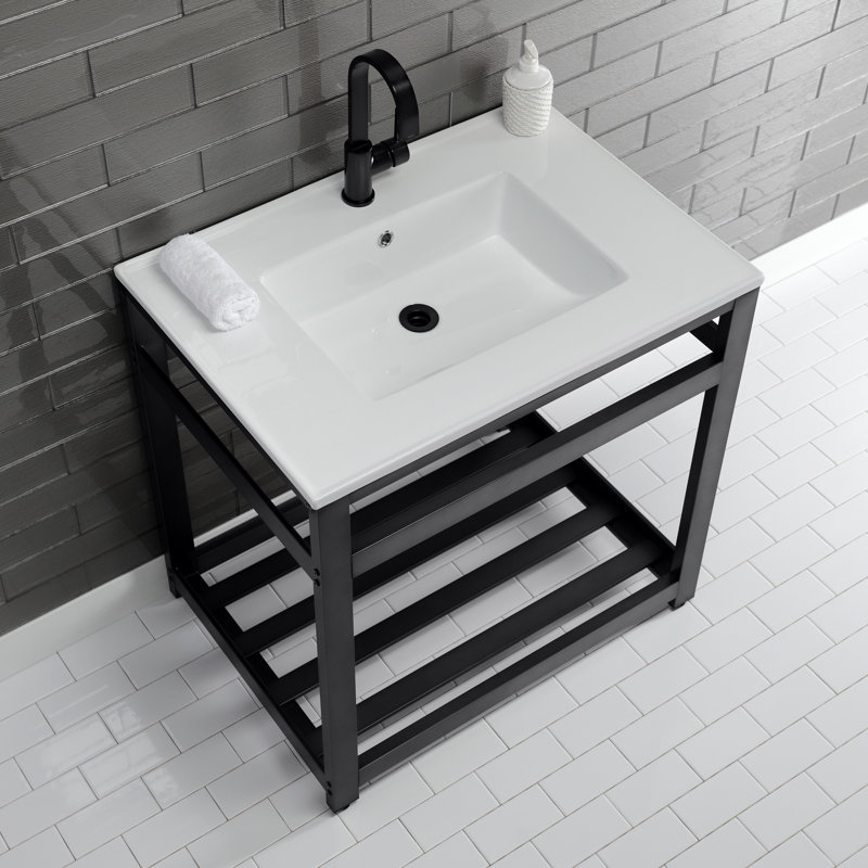 Lavabo de salle de bain console en céramique avec trop-plein, Blanc / noir mat, Simple