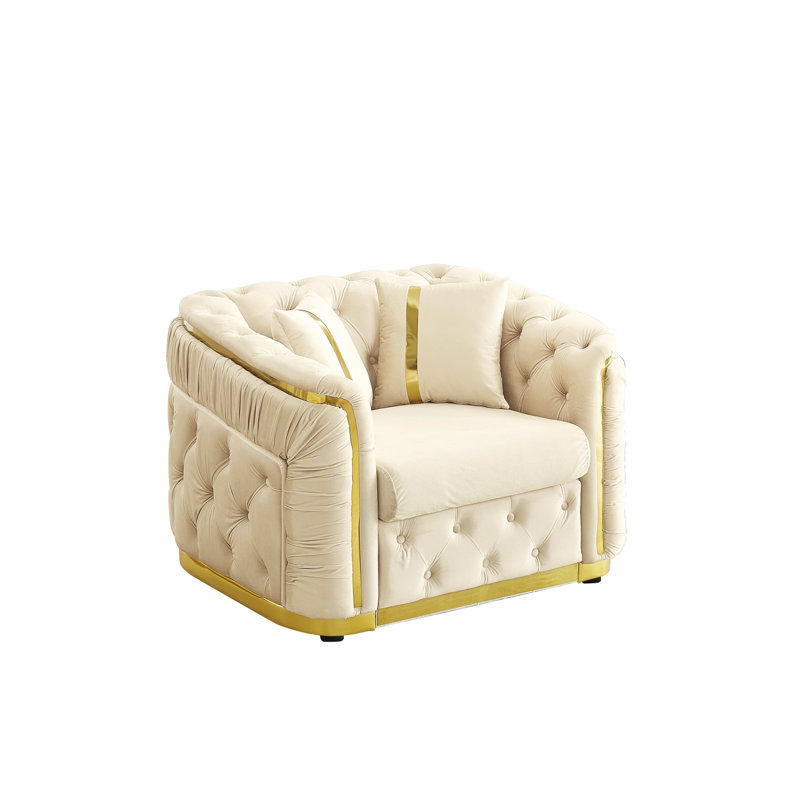 Fauteuil d'appoint 40,6 po Mid-Century moderne en velours capitonné, décoration en acier inoxydable, beige