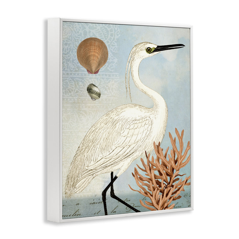 Art maritime, aigrette et corail noir, estampe numérique par Susan Arnot, Estampe numérique encadrée blanc bord de mer