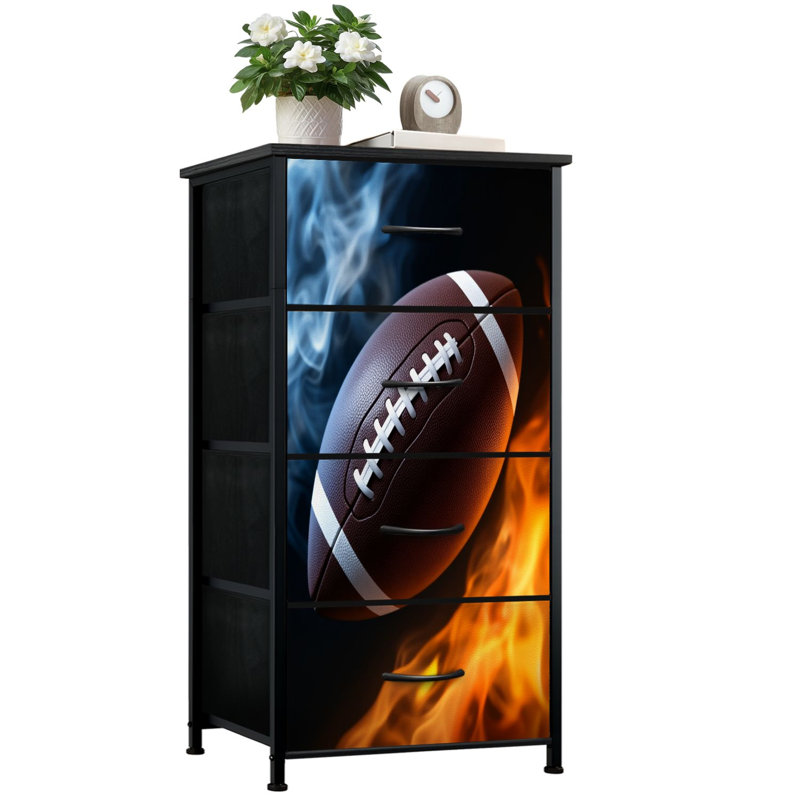 Commode pour la chambre à coucher avec 4 tiroirs de rangement Effet de flammes de football Commode de style dynamique Commode en tissu avec cadre en acier pour vestibule