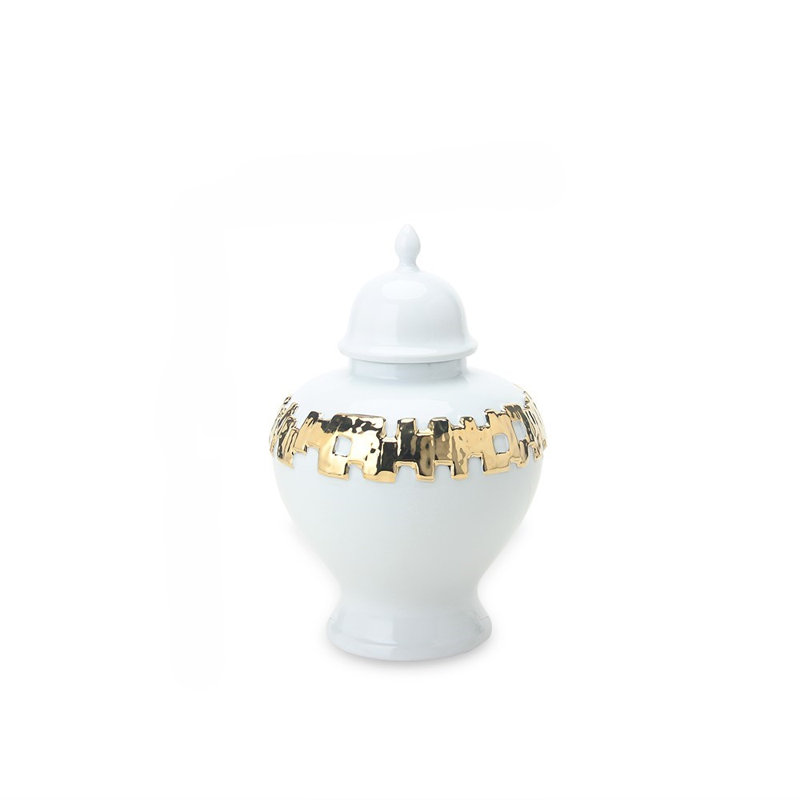 Pot à gingembre Haylee en céramique moderne avec bordure dorée métallique et couvercle amovible, 11"