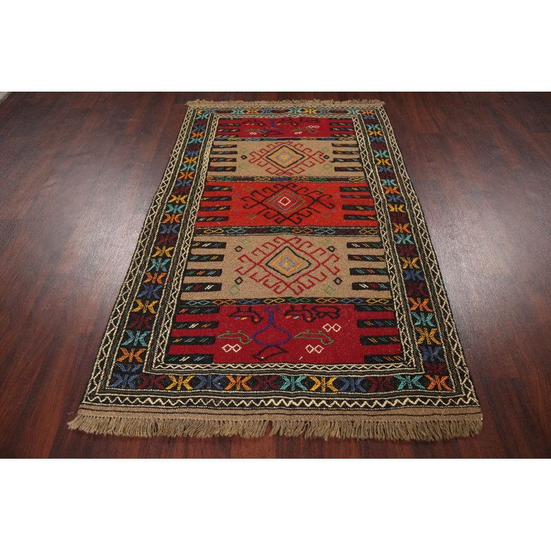 Tapis rouge / beige / noir en laine fabriqué à la main Kilim