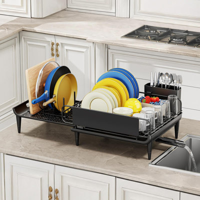 Séchoir à vaisselle extensible pour comptoir de cuisine avec égouttoir, assiettes à drainage rapide et emplacement flexible pour tout évier (noir)