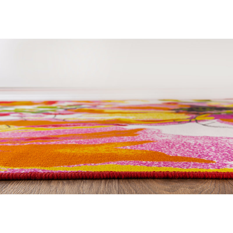 Florentia Floral Tufted Orange/Pink/Ivory Non-Slip Rubberback Area Rug, Oval 5' x 7'