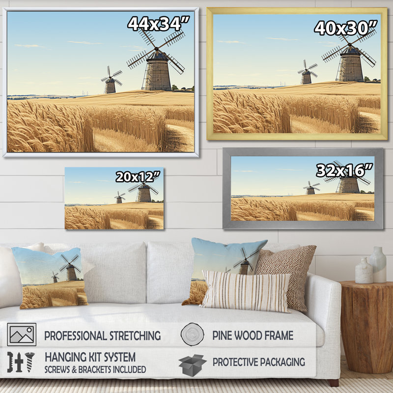 «Vintage Wind Mills Meadow Horizon - Wind Turbines», art mural, Cadre flottant brun, H 24 po x l 32 po x P 1 po