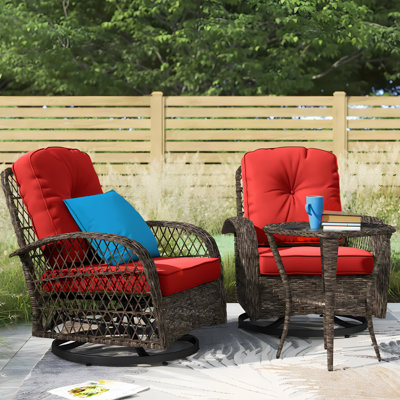 Denison 2-Person Outdoor Seating Group, Wicker Swivel Chairs with Cushions and Side Table by Beachcrest Home