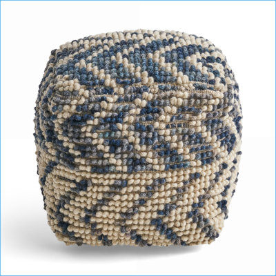 Pouf Ottoman, Casual 16x16x16 Wool Cotton Blend, Tan &amp; Sky Blue | Natural | Wool