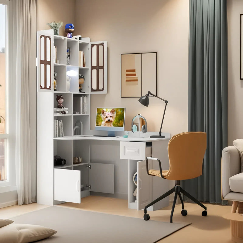 L-Shaped Corner Computer Desk with Drawers, Bookshelf and Hutch, White