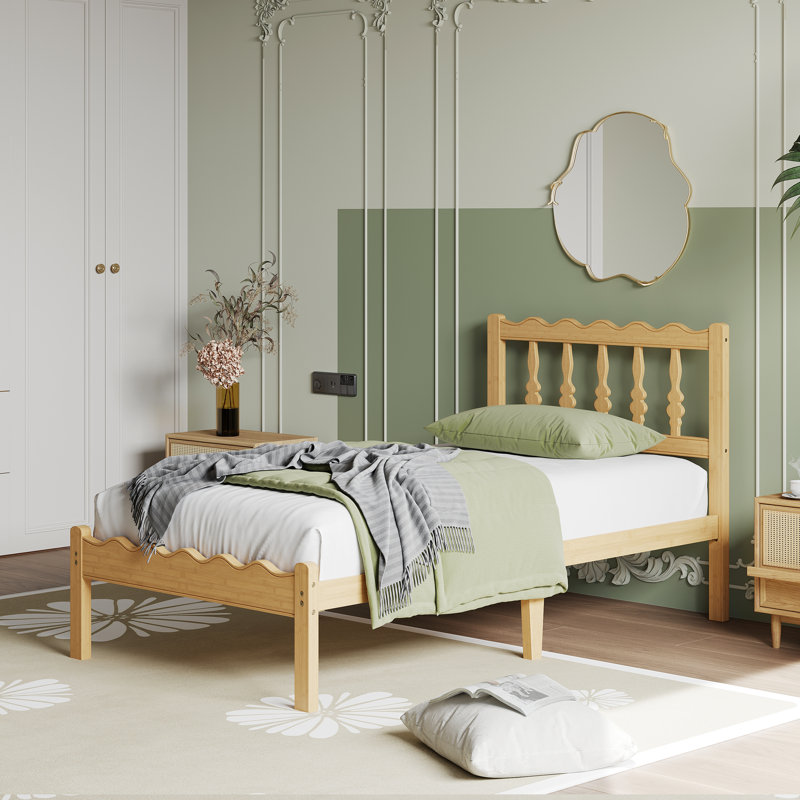 Solid Wood Twin Xl Bed Frame with Wavy Headboard, No Box Spring Needed, Bamboo&Metal, Twin XL, 14"