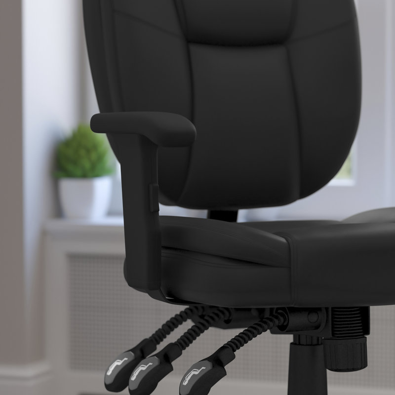 Chaise de bureau ergonomique multifonctionnelle à dossier moyen avec rembourrage coussiné, Cuir noir, Accoudoirs réglables
