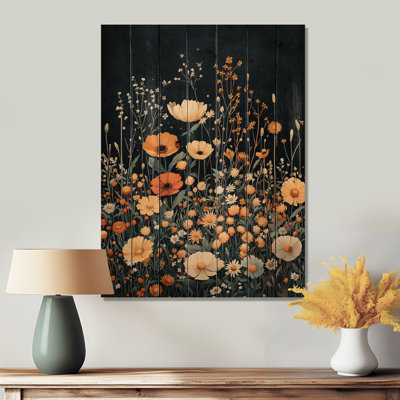 Yellow Wildflowers Mid Night Meadow II - Wildflowers Wood Wall Art - On Natural Pine Wood