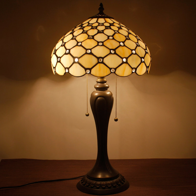 Bronze Stained Glass Tiffany Style Table Lamp with Cream Pearl Shade