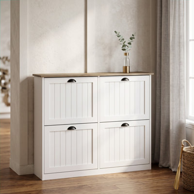 Slim Freestanding Shoe Cabinet with 4 Flip-Down Drawers and Adjustable Shelf - White Entryway Organizer