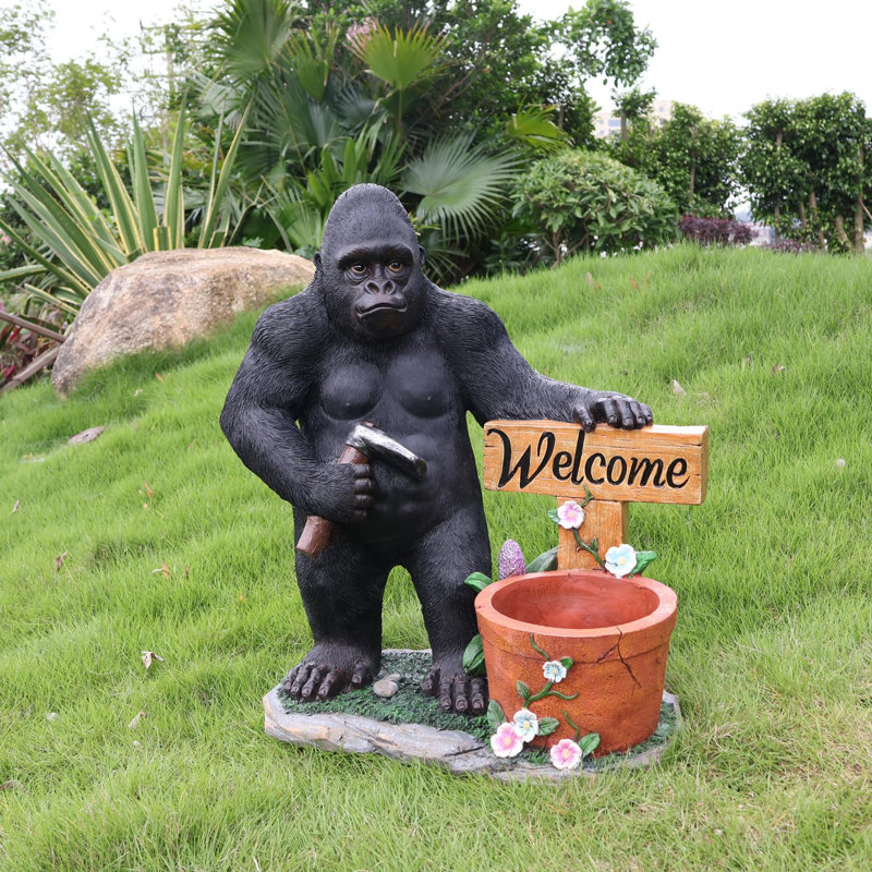 Statue de gorille unique avec statues et pot de fleurs de gorille, sculptures de jardin Kingkong