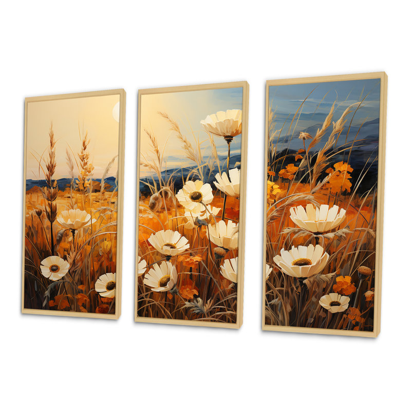 Radiant Golden Blooming Meadow - ensemble d'art mural fleur, H 40 po x l 60 po x P 1 po, Cadre naturel flottant