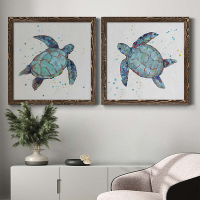 Bubble Blue Turtle I - ensemble de 2 peintures sur toile encadrées