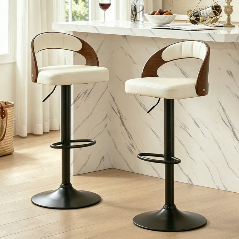  George Set of 2 Adjustable Height Bar Stools Mid-Century Modern Faux Leather Wood Chair 360° Swivel, Industrial Pedestal Base, for Kitchen, Counter, Home Bar