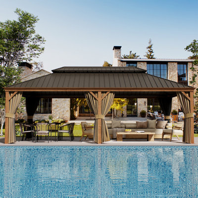 14x24ft Hardtop Gazebo with Netting and Curtains, Outdoor Heat Transfer Aluminum Frame Gazebo