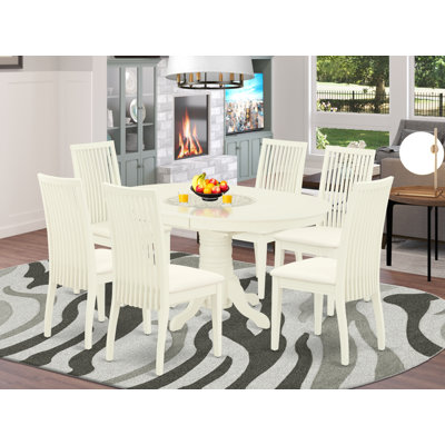 L'ensemble 7 pièces de table et chaises de cuisine se compose d'une table de salle à manger ovale avec rallonge papillon et de 6 chaises rembourrées en tissu de lin, blanc lin