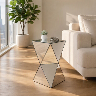Silver Mirrored Geometric Side Table, Modern Luxe Accent End Table