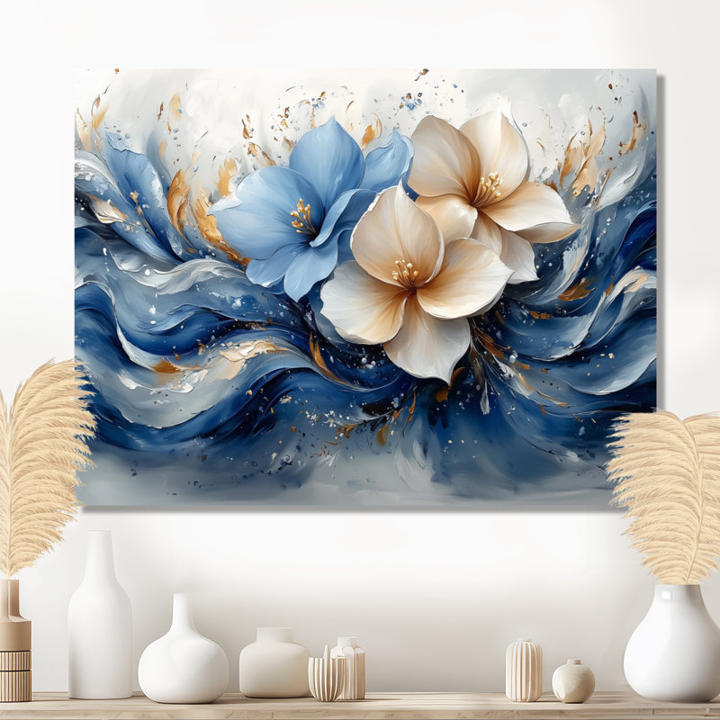 «Blue White Plumeria Radiance - Plumeria», reproduction d'art sur toile encadrée, 24" H x 32" W, Toile tendue