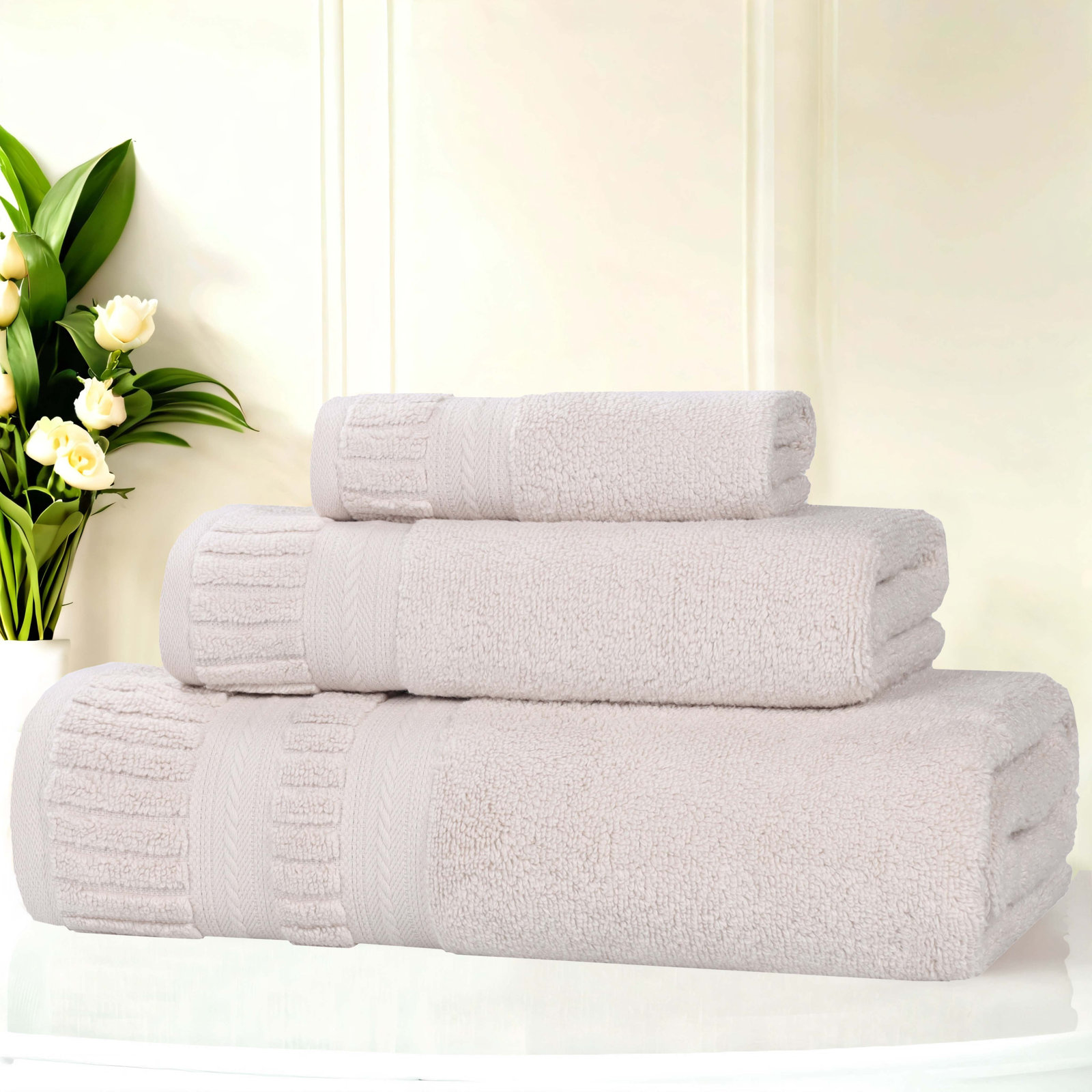 Zero-Twist Cotton Towel Set, Silver, 3 Piece Towel Set
