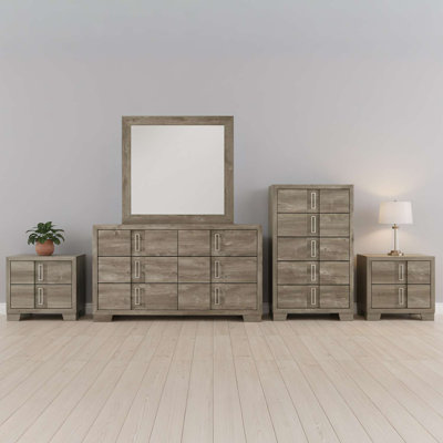 Ensemble de chambre à coucher 5 pièces avec commode, miroir, commode et 2 tables de chevet en brun clair, rangement contemporain pour chambres à coucher modernes
