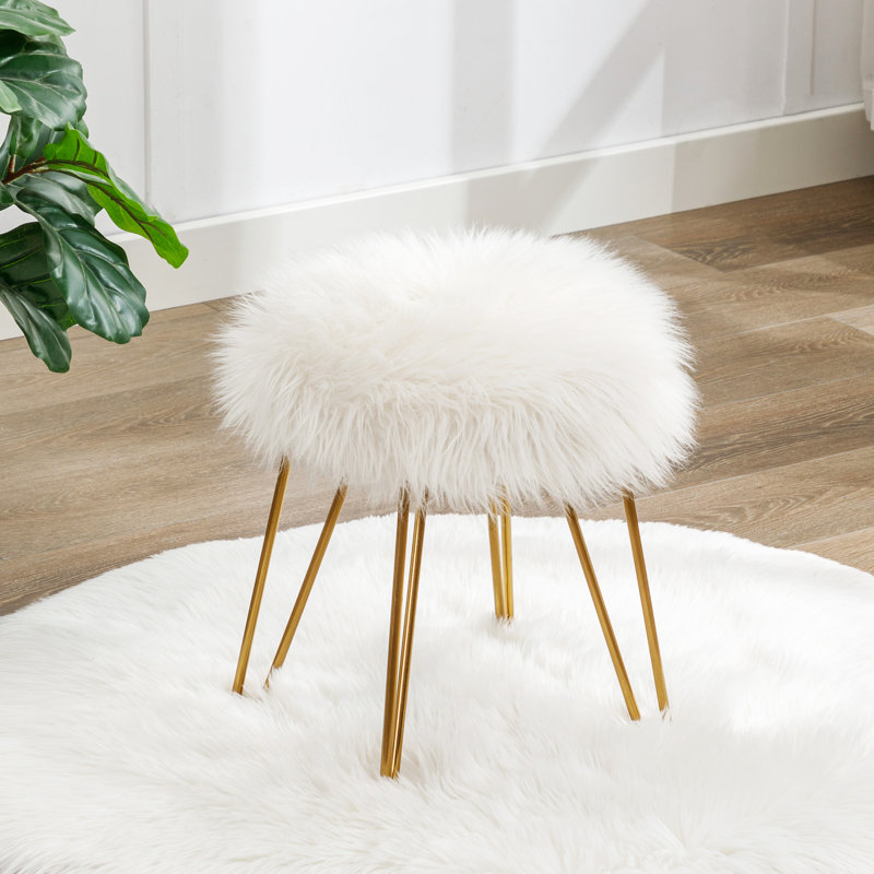 Repose-pieds rond en fausse fourrure de 13,5 po de largeur avec pieds en épingle à cheveux en or rose pour meuble-lavabo ou chambre à coucher
