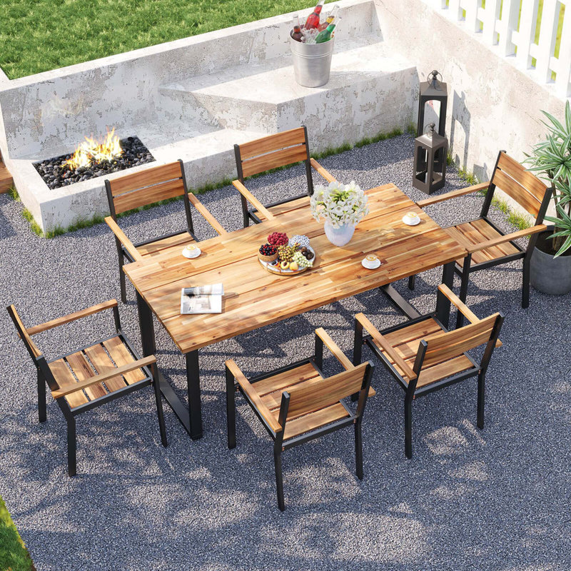 7 Pcs Acacia Wood Patio Dining Set 6 Armchairs And 69" Table With 2" Umbrella Hole